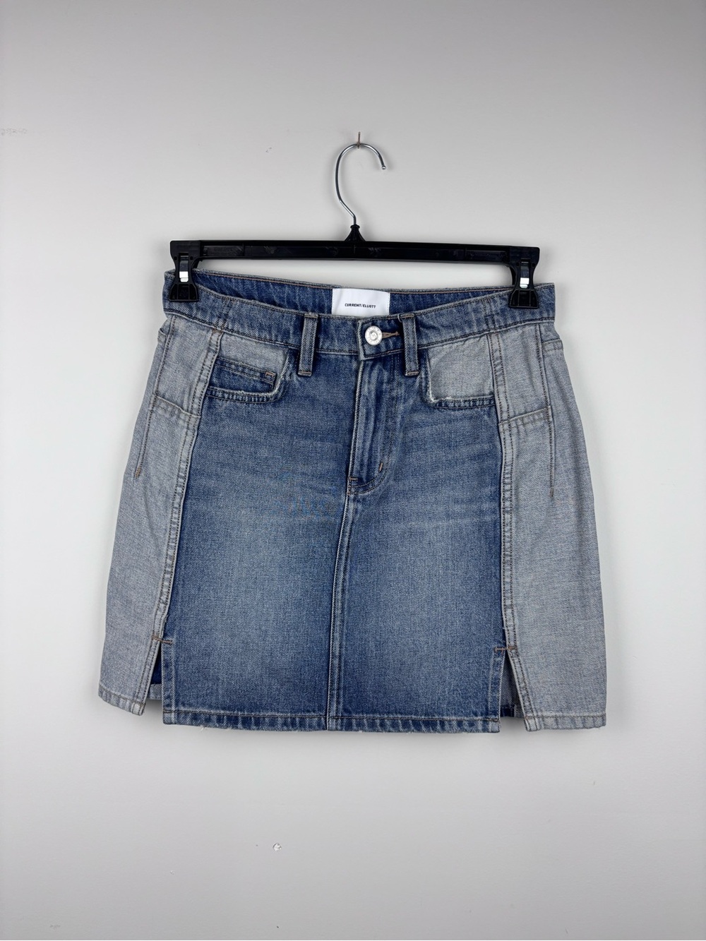 Current/Elliott Size 28 Reversed Mashed Mini Denim Skirt Pockets Patchwork